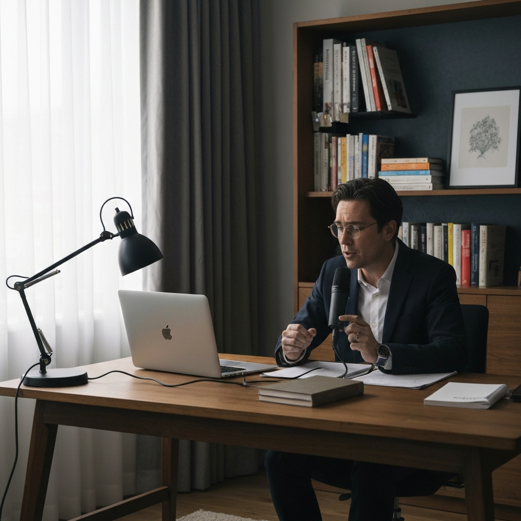 A person sitting at a desk in a home office, practicing speaking into a microphone. The room is well-lit and organized, with books and a laptop in the background. The person is focused and engaged, with a determined expression on their face.