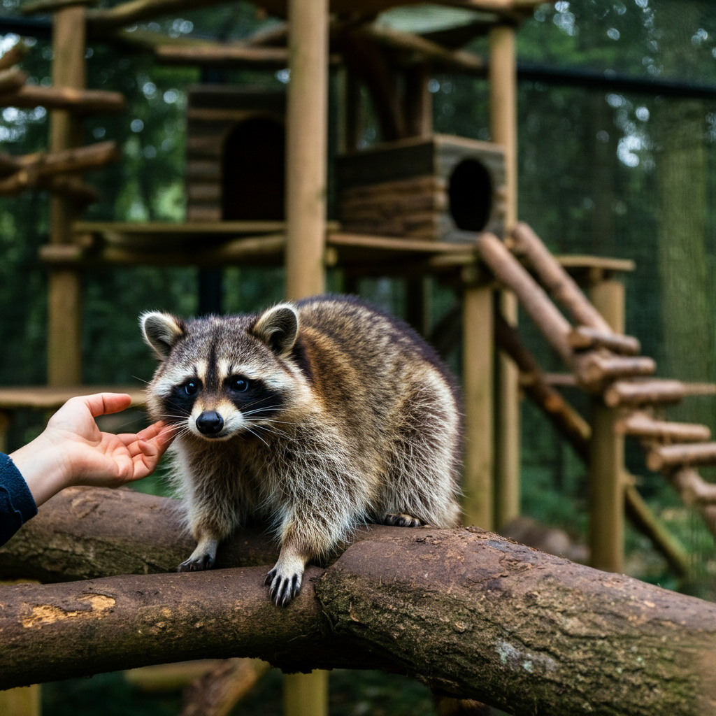 A person gently observing a raccoon in a professionally-built outdoor enclosure filled with climbing structures and hiding spots. Soft, diffused natural light filters through the trees, highlighting the raccoon's fur. Focus on the raccoon's attentive expression and relaxed posture.