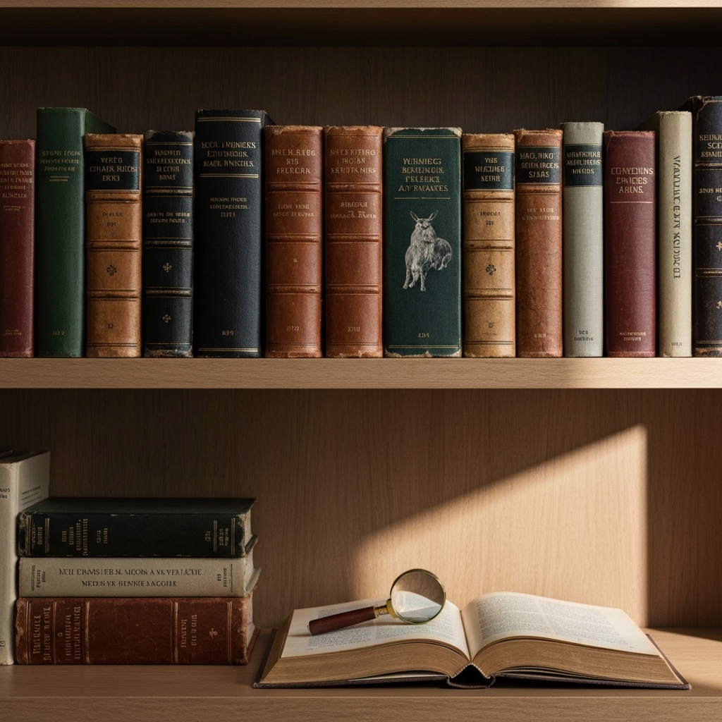 A bookshelf filled with worn, leather-bound books, some with titles related to wildlife and nature. A magnifying glass rests on an open book, its light reflecting off the page. The scene is lit with warm, inviting light, creating a scholarly atmosphere.