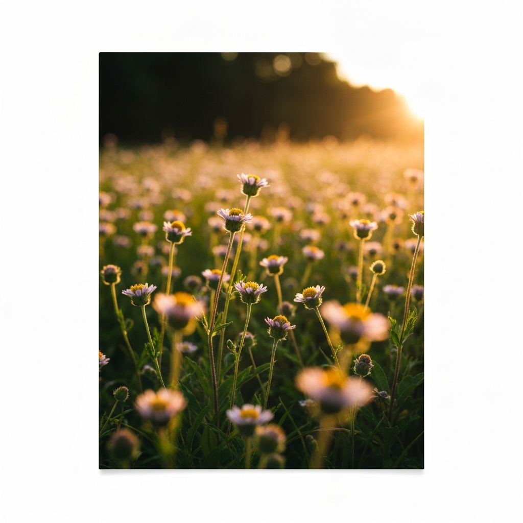 A close-up shot of a blooming wildflower meadow bathed in golden hour sunlight. The flowers are soft-focused, with delicate textures and vibrant colors. The image evokes a sense of tranquility and natural beauty.