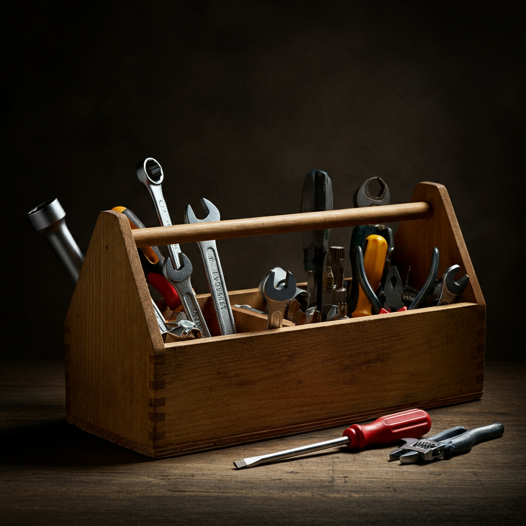 A sturdy wooden toolbox filled with various tools, including wrenches, screwdrivers, and pliers. The toolbox is slightly weathered, suggesting frequent use. The lighting is natural and highlights the textures of the wood and metal.