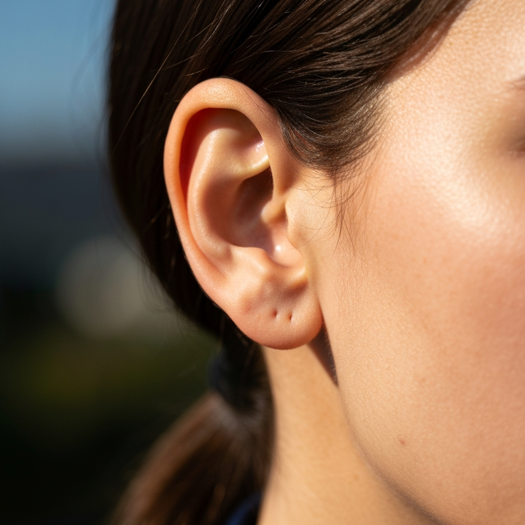 A softly lit close-up shot of a person's ear with a preauricular pit, gentle natural light highlighting the texture of the skin. Soft bokeh in the background.