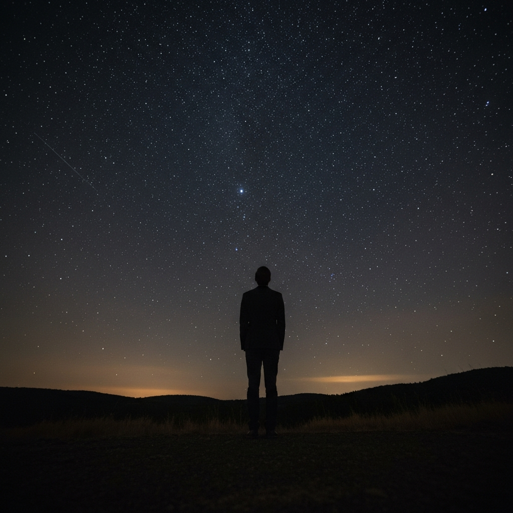 A person looking up at a starry night sky, standing on a hilltop. The scene is bathed in moonlight, creating a sense of awe and wonder. The stars are crisp and clear against the dark sky.