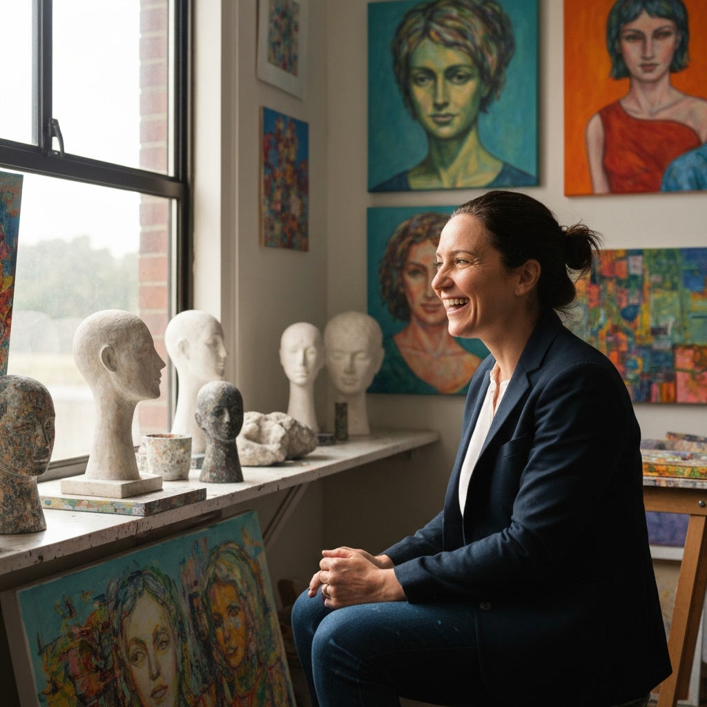 An artist in their studio, surrounded by colorful paintings and sculptures. Natural light streams in through a large window, highlighting the textures and vibrancy of their artwork. The artist is smiling and appears genuinely happy in their creative space.