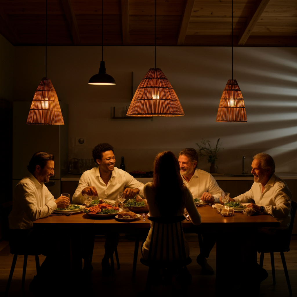 A family gathered around a dinner table, laughing and sharing a meal. Warm, golden-hour lighting fills the room, creating a sense of closeness and happiness.