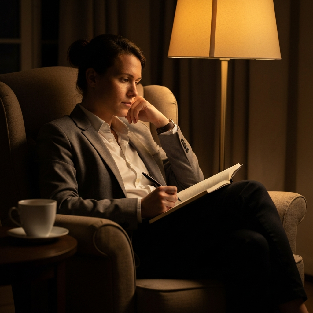 A person sitting comfortably in a warmly lit armchair, journaling with a pen and notebook. Soft light from a nearby lamp illuminates their face, showcasing a thoughtful expression. A cup of tea rests on a small table beside them. The background is slightly blurred, suggesting a cozy and private space.