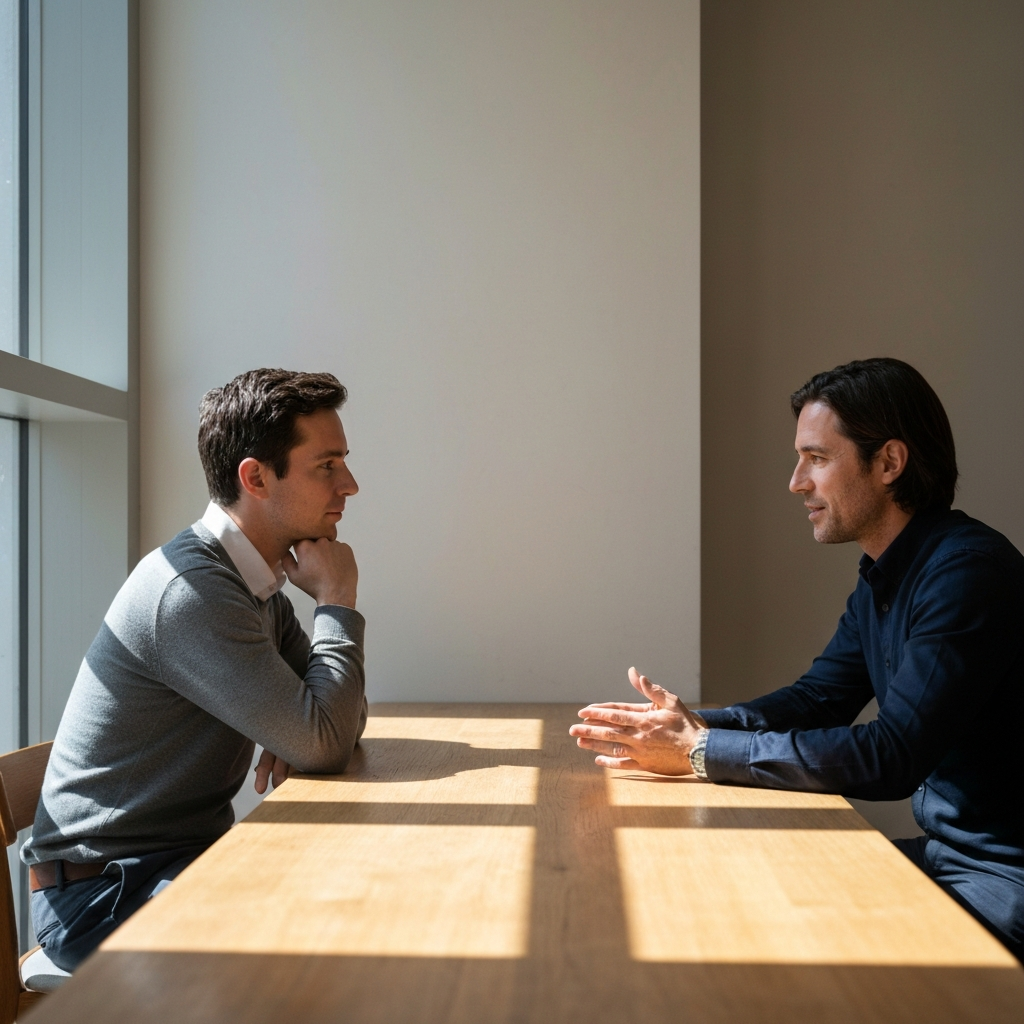 Two people sitting across from each other at a table in a brightly lit cafe, engaged in a calm and open conversation. One person leans forward slightly, listening intently, while the other gestures gently with their hands. Sunlight streams through the window, highlighting the textures of the wooden table and their clothing. 