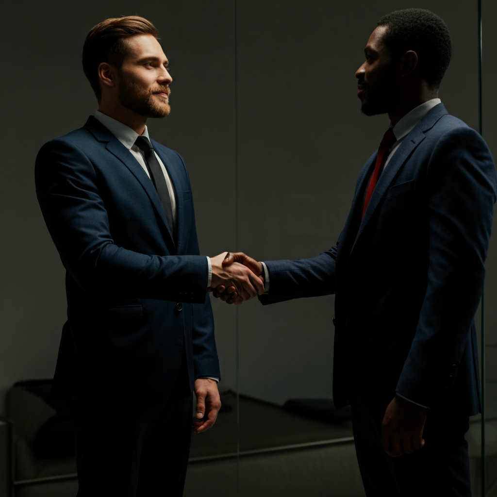 A person confidently standing in a well-lit office, shaking hands firmly with another person. They are both dressed professionally and maintain eye contact, conveying respect and mutual understanding. The background is a clean and modern office space, with soft, natural light filtering in.