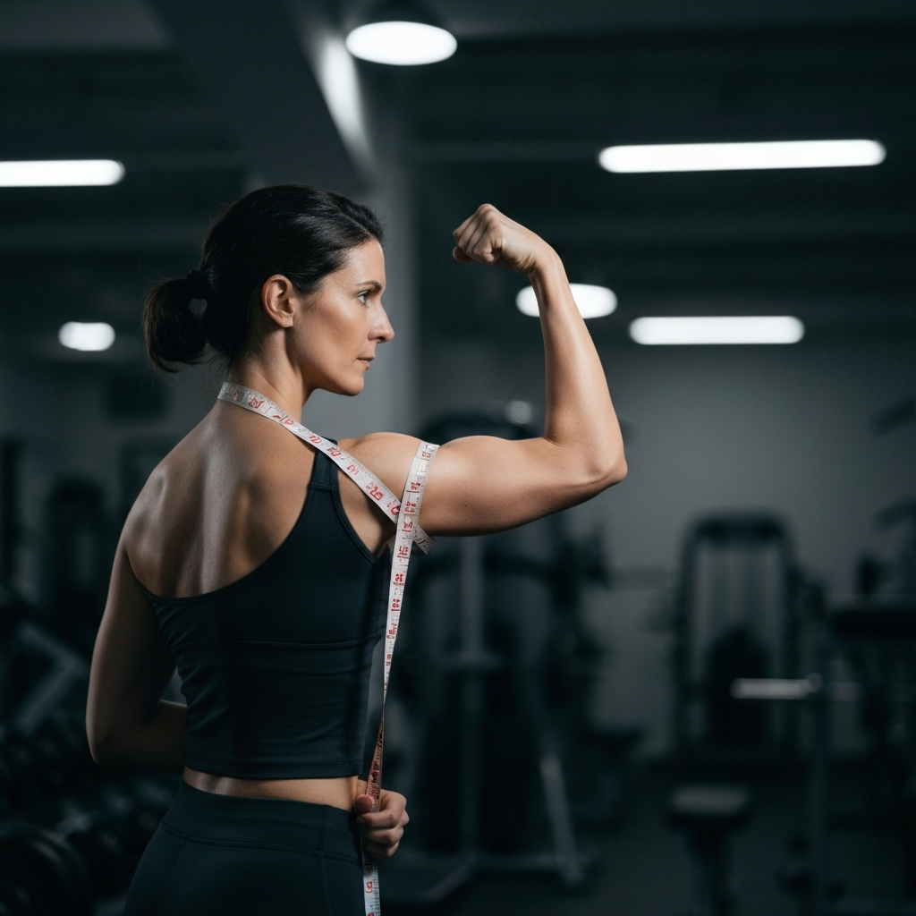 A person in athletic wear standing in a well-lit gym, flexing their bicep as they wrap a measuring tape around it. Soft overhead lighting and shallow depth of field emphasize the arm muscle.