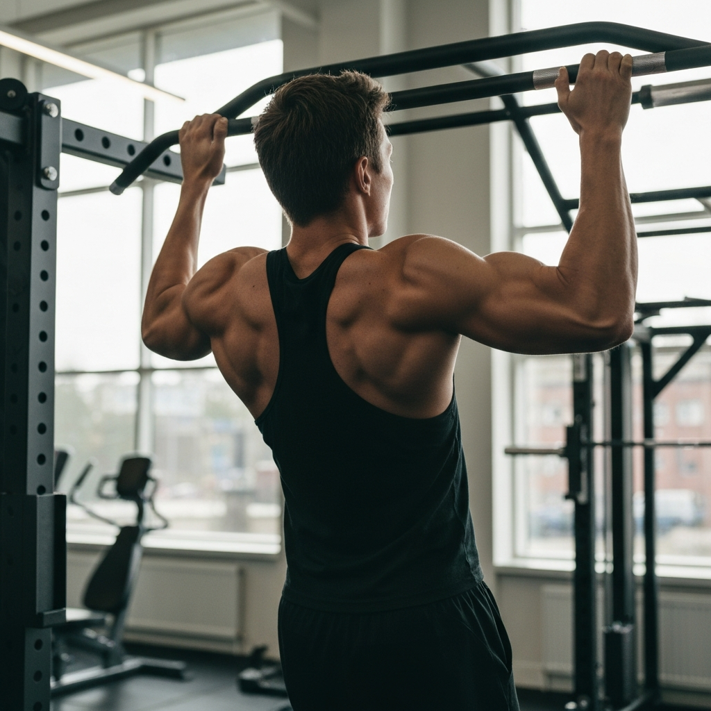A person performing a pull-up in a gym with natural light streaming through the windows. Focus is on the upper back and arm muscles contracting. Blurred background with other gym equipment.