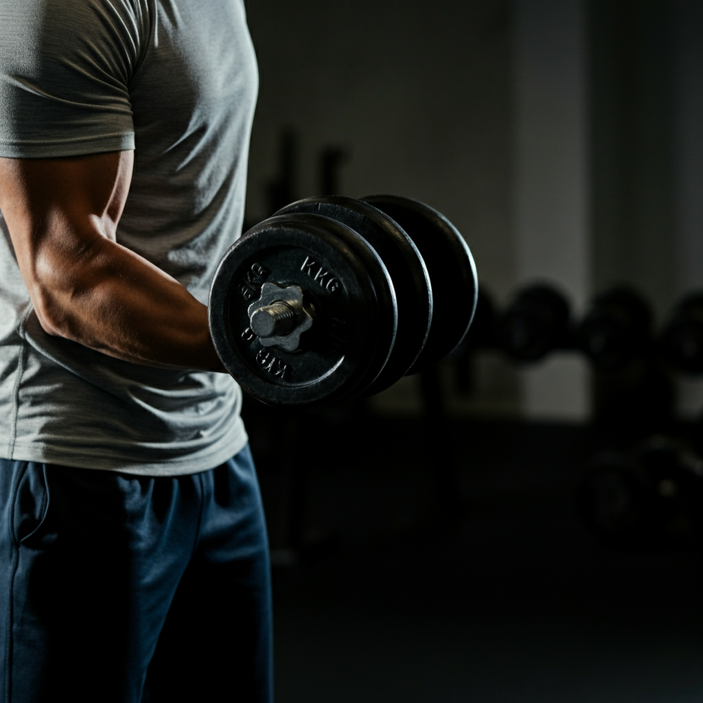 A close-up of a person performing a bicep curl with a dumbbell. The focus is on the bicep muscle contracting. Soft, diffused lighting and a clean background.