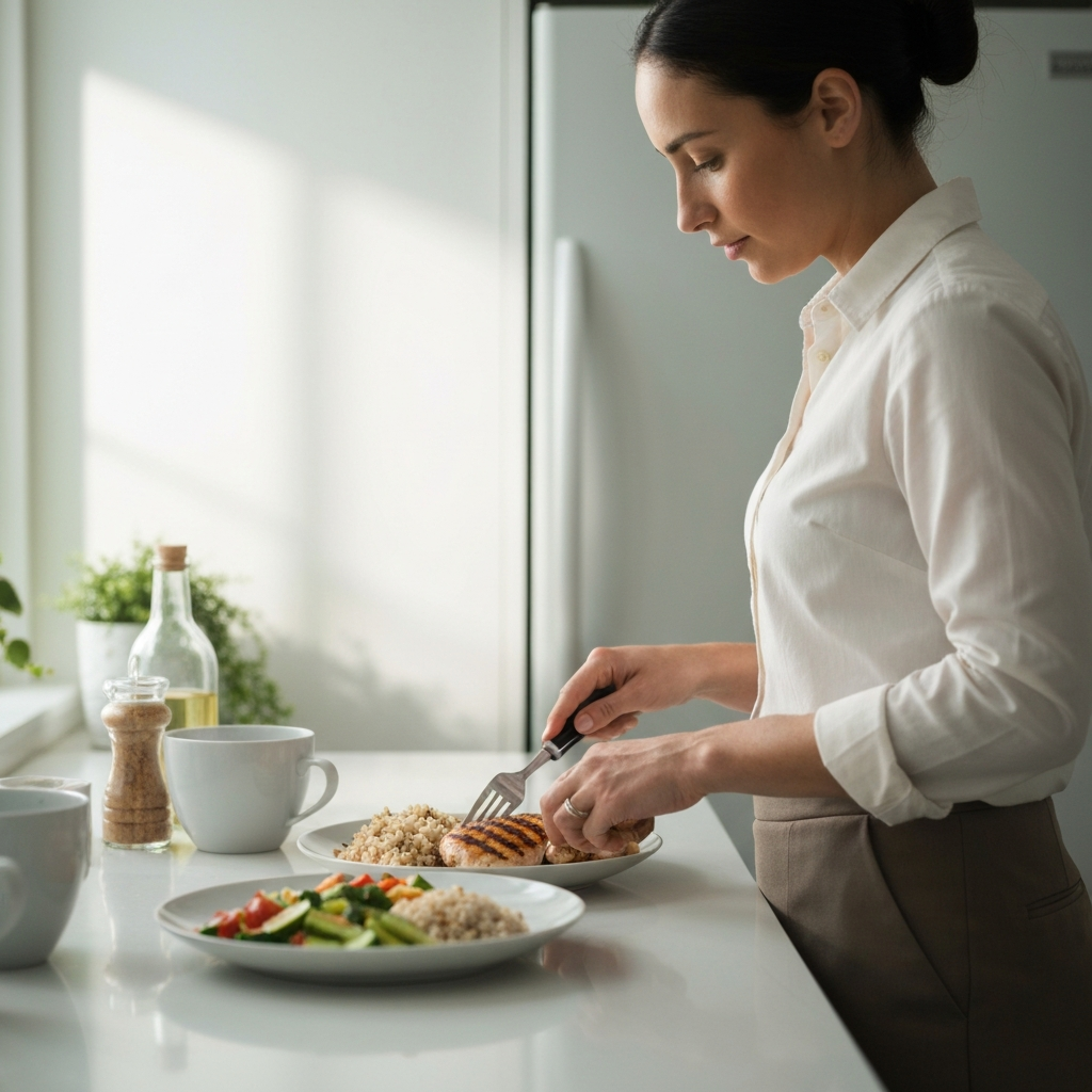 A person preparing a healthy meal in a bright, modern kitchen. The meal consists of grilled chicken, brown rice, and steamed vegetables. Soft, natural light fills the room.