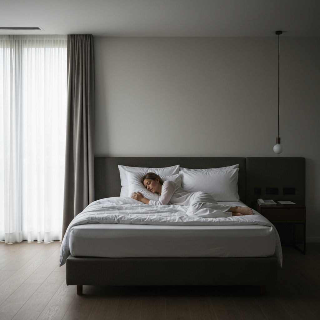 A person sleeping peacefully in a comfortable bed. The room is dimly lit with soft, ambient light. The focus is on relaxation and tranquility.