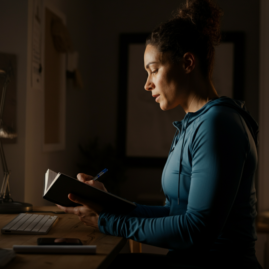 A person reviewing their workout journal in a well-organized home office. The scene is side-lit, highlighting the texture of the notebook and the concentration on their face.
