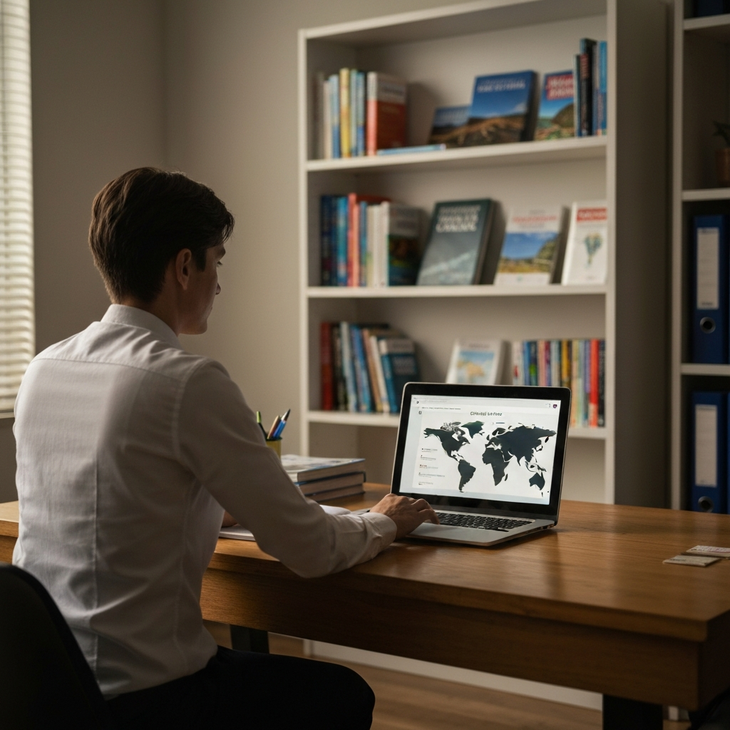 A person sitting at a wooden desk in a brightly lit office, reviewing a travel quiz on a laptop screen. Soft bokeh effect on the background with a bookshelf filled with travel guides.