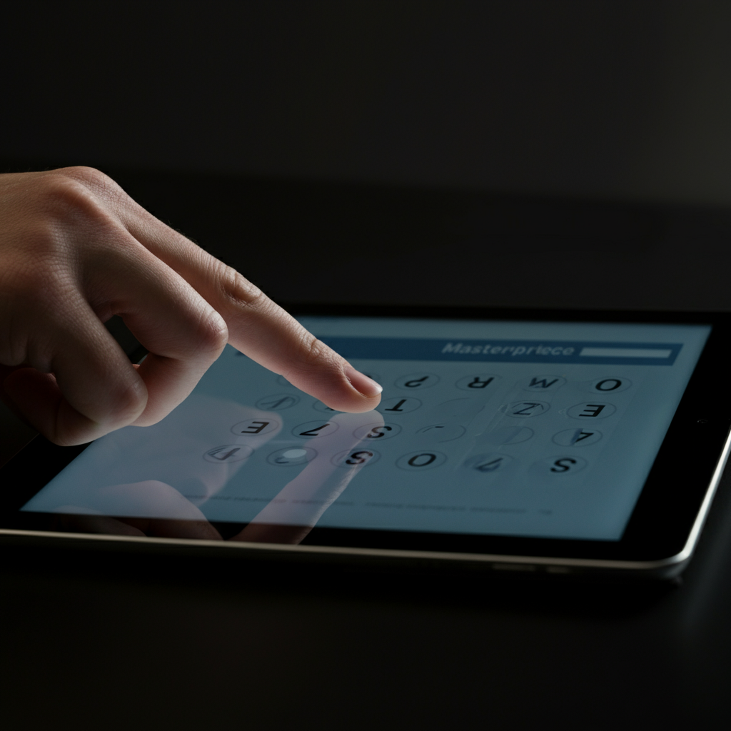 A close-up shot of a hand hovering over a multiple-choice answer on a tablet. The lighting is soft and diffused, highlighting the texture of the screen.