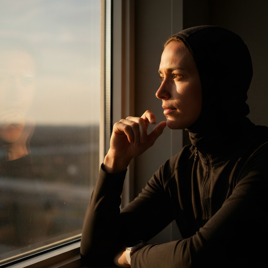 A person thoughtfully looking out a window, bathed in warm, golden-hour sunlight, contemplating different vacation options. The focus is soft, emphasizing their reflective mood.