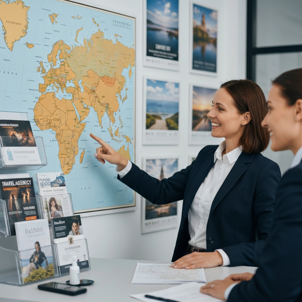 A person smiling and pointing at a wall map in a travel agency office, talking to a travel agent. The lighting is bright and professional, showcasing brochures and travel posters.