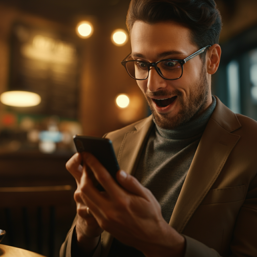 A person excitedly reading about a suggested destination on a smartphone while sitting in a coffee shop. The lighting is warm and inviting, highlighting the details of the cafe's interior.