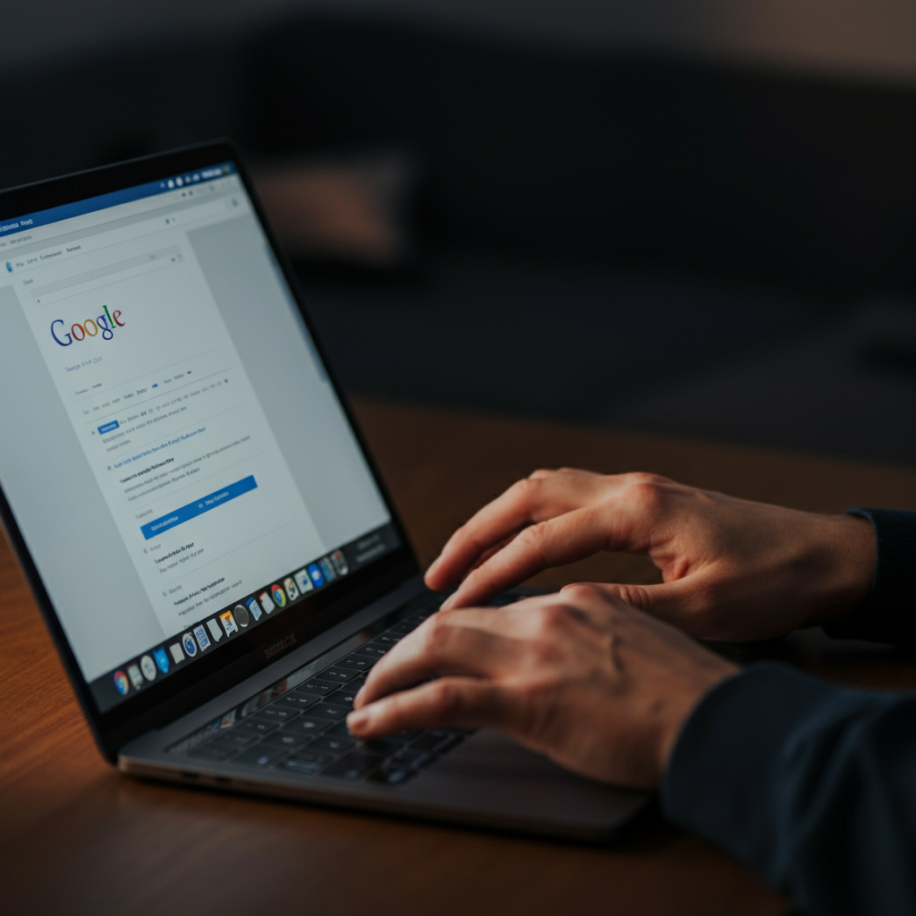 Close-up shot of a person's hands typing on a laptop keyboard. Soft overhead lighting illuminates the keys. The laptop screen displays a Google search results page with blurred text.
