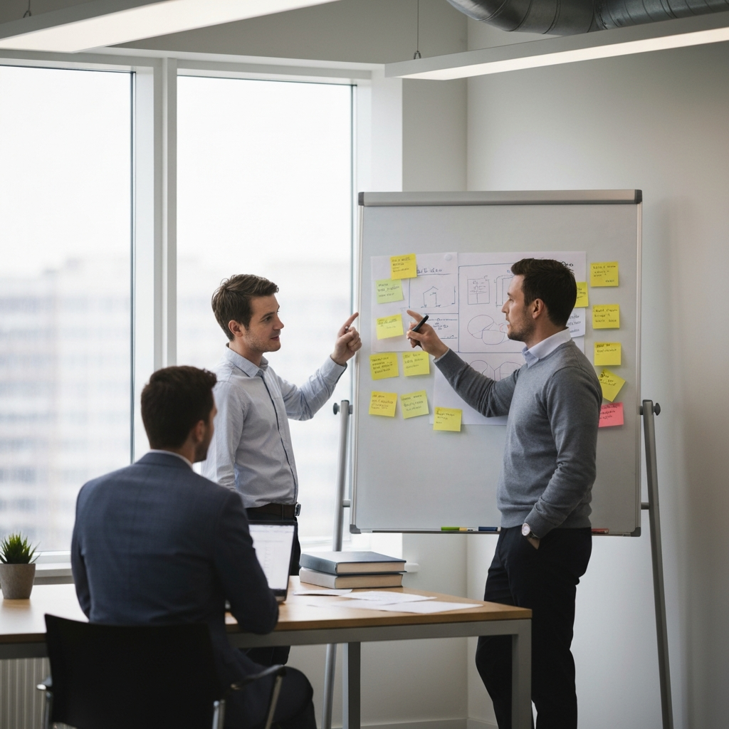 A brightly lit office with two colleagues discussing a project. One colleague is pointing at a whiteboard covered with notes. The scene is shot at a medium distance with a soft focus on the background.