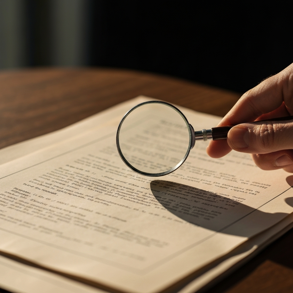 A close-up of a hand holding a magnifying glass over a stack of official-looking documents. The documents are slightly blurred, but the textures of the paper and the details of the magnifying glass are sharp.