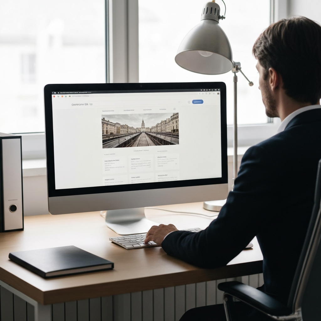A person sits at a desk in a modern office, looking at a computer screen displaying a company website. The screen is lit naturally from a window. The office is clean and organized, suggesting a professional environment.
