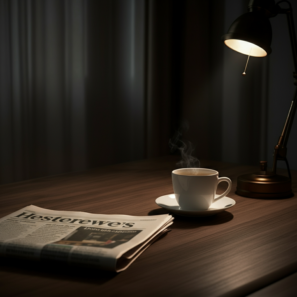 A neatly arranged desk with a newspaper and a cup of coffee. The newspaper is open to a page with a blurred headline, suggesting a recent business story. Soft, natural light fills the room.