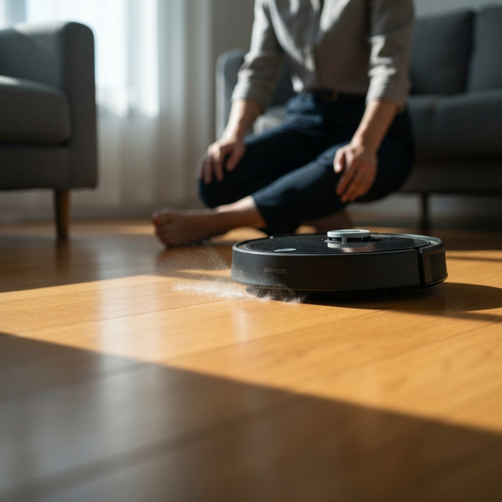 A robot vacuum cleaning a hardwood floor in a sunlit living room. Soft bokeh highlights the dust particles being collected. Focus on the texture of the wood and the sleek design of the vacuum.
