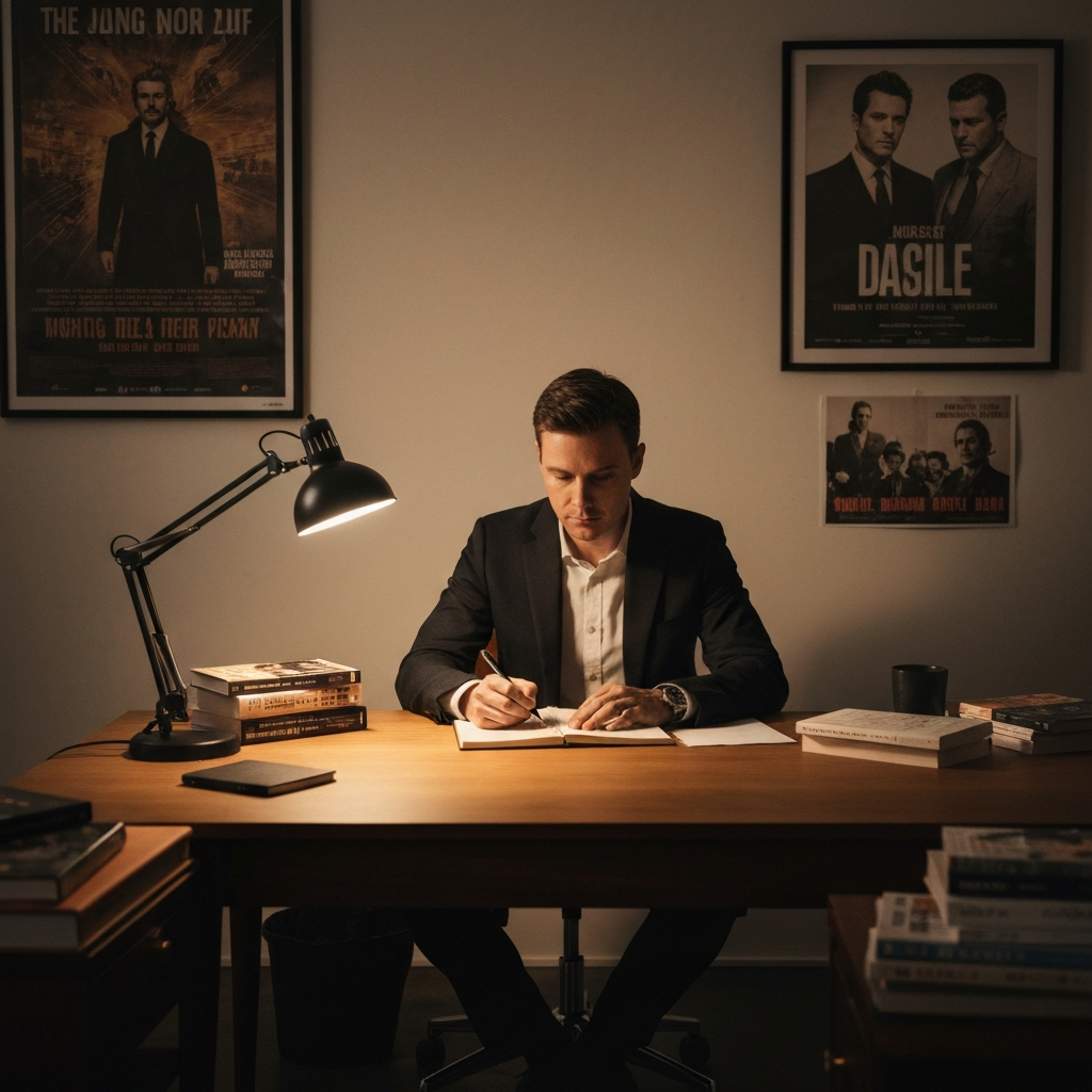 A person sitting at a desk with a notepad and pen, surrounded by books and movie posters. The lighting is warm and inviting, creating a cozy atmosphere.