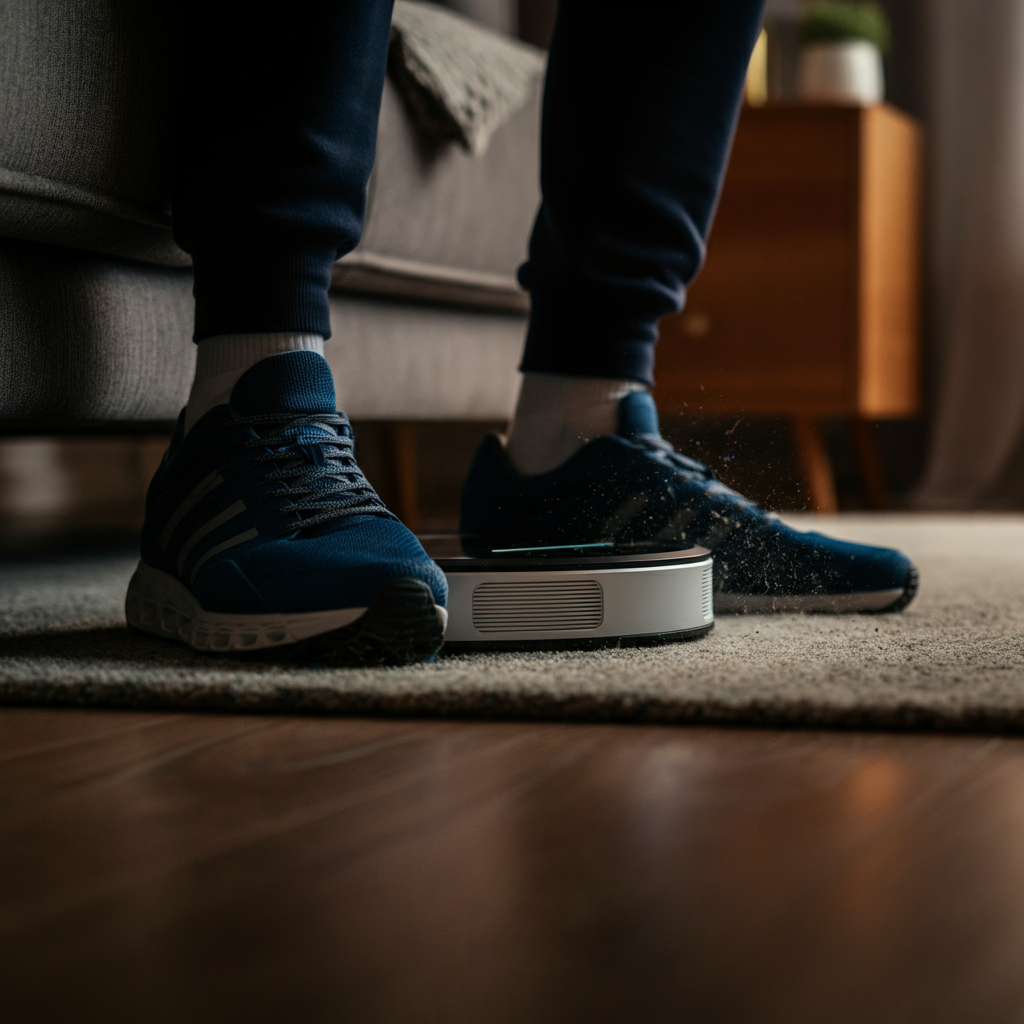 A close-up shot of a robot vacuum stuck underneath a sofa, partially obscured by a throw pillow. Focus on the textures of the fabric and the dust bunnies gathered underneath.