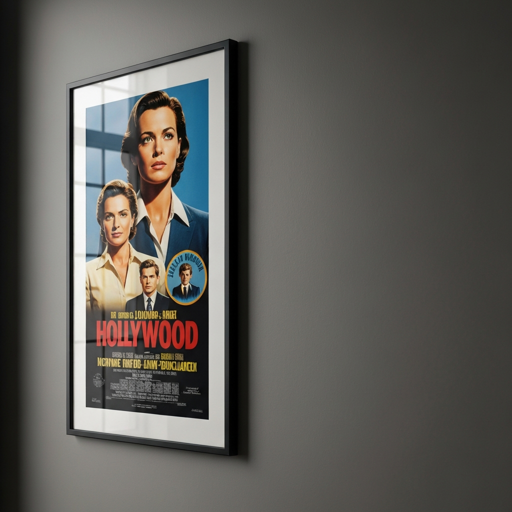 A framed poster of a classic Hollywood movie on a wall, side-lit to enhance texture, with a subtle reflection suggesting a clean, well-maintained home.