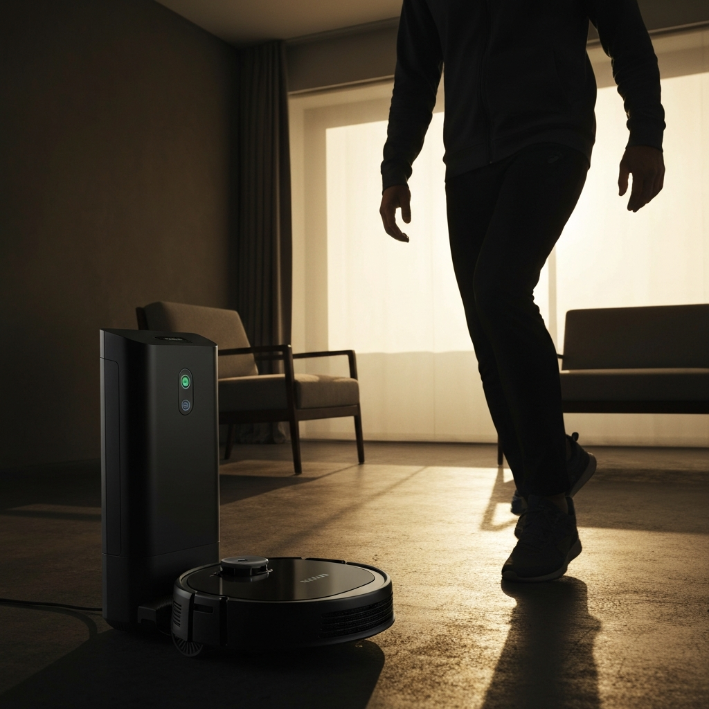 A dimly lit room with modern, minimalist furniture. A robot vacuum with a sleek, black design is shown in motion, suggesting power and efficiency.