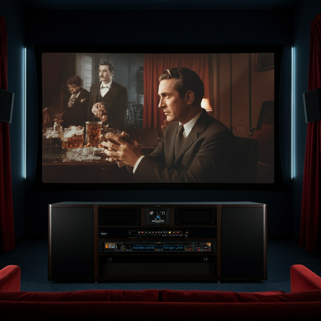 A home theater setup with a large screen displaying a classic movie scene. The lighting is dim and focused on the screen, creating an immersive experience.