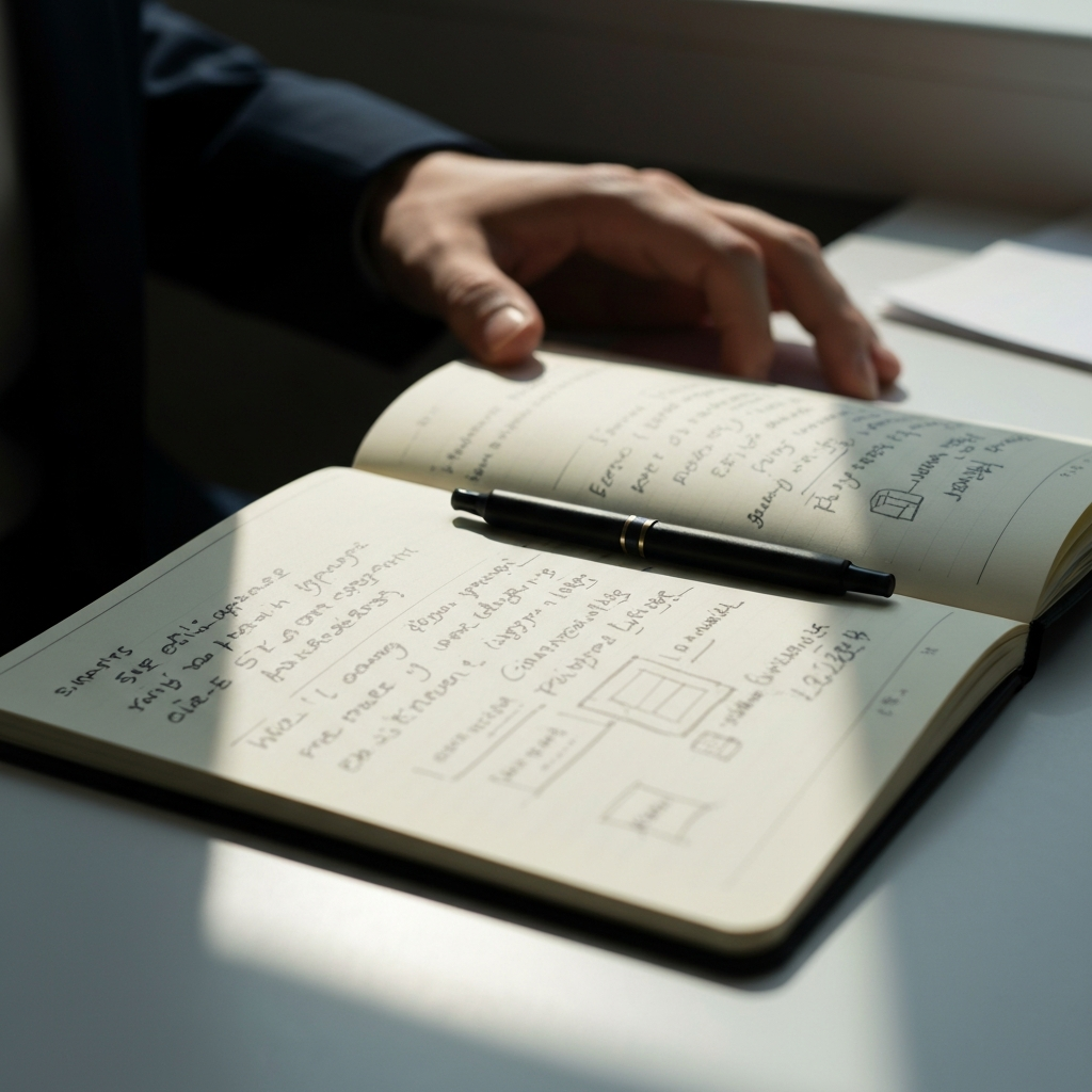 Close-up shot of a writer's notebook with a pen resting on it, illuminated by soft, natural light from a nearby window. The notebook is open to a page filled with handwritten brainstorming notes and concept sketches.