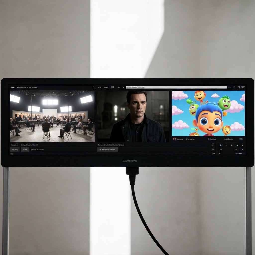 A director's monitor displaying different types of TV shows: a sitcom set with bright lighting, a dark and gritty drama scene, and a brightly colored animated show.