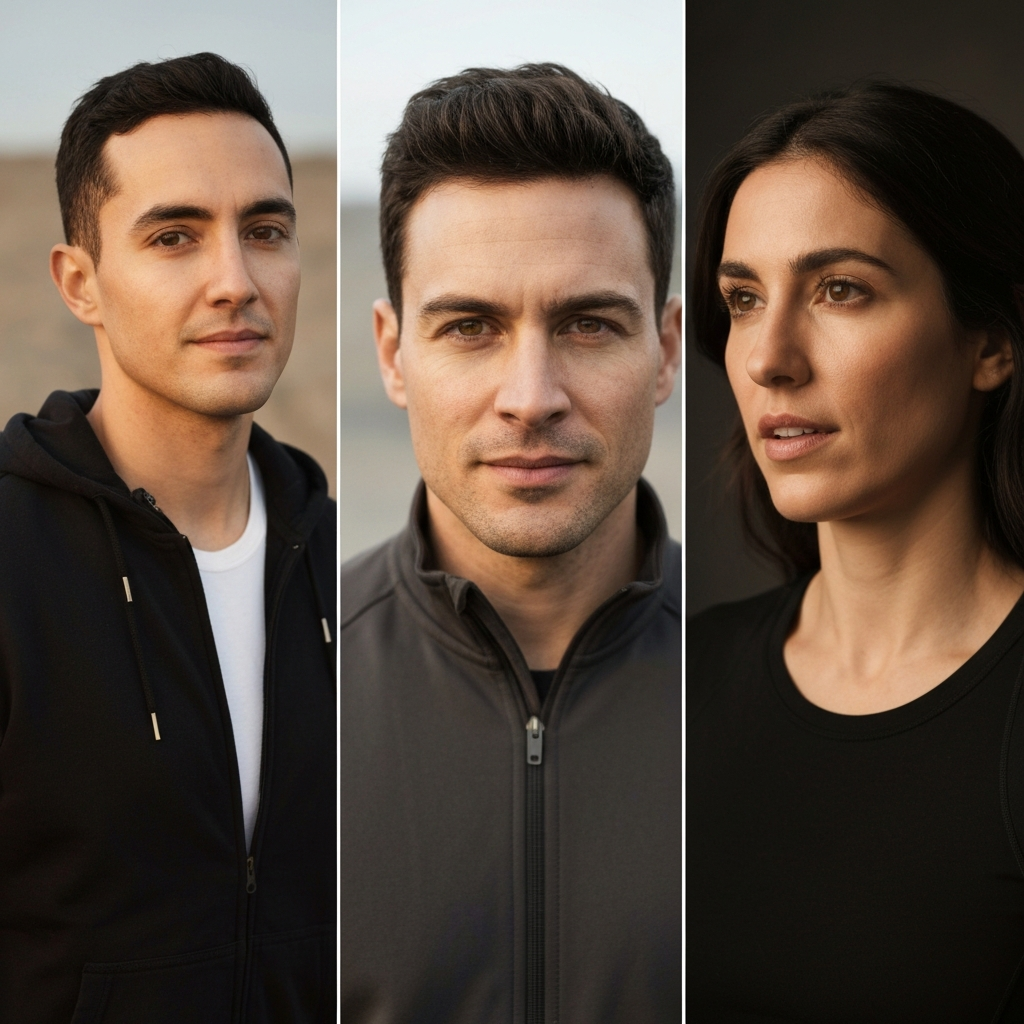 Three headshots displayed side-by-side, with shallow depth of field focusing on the center character. All are diverse individuals with distinct facial expressions conveying their personalities.