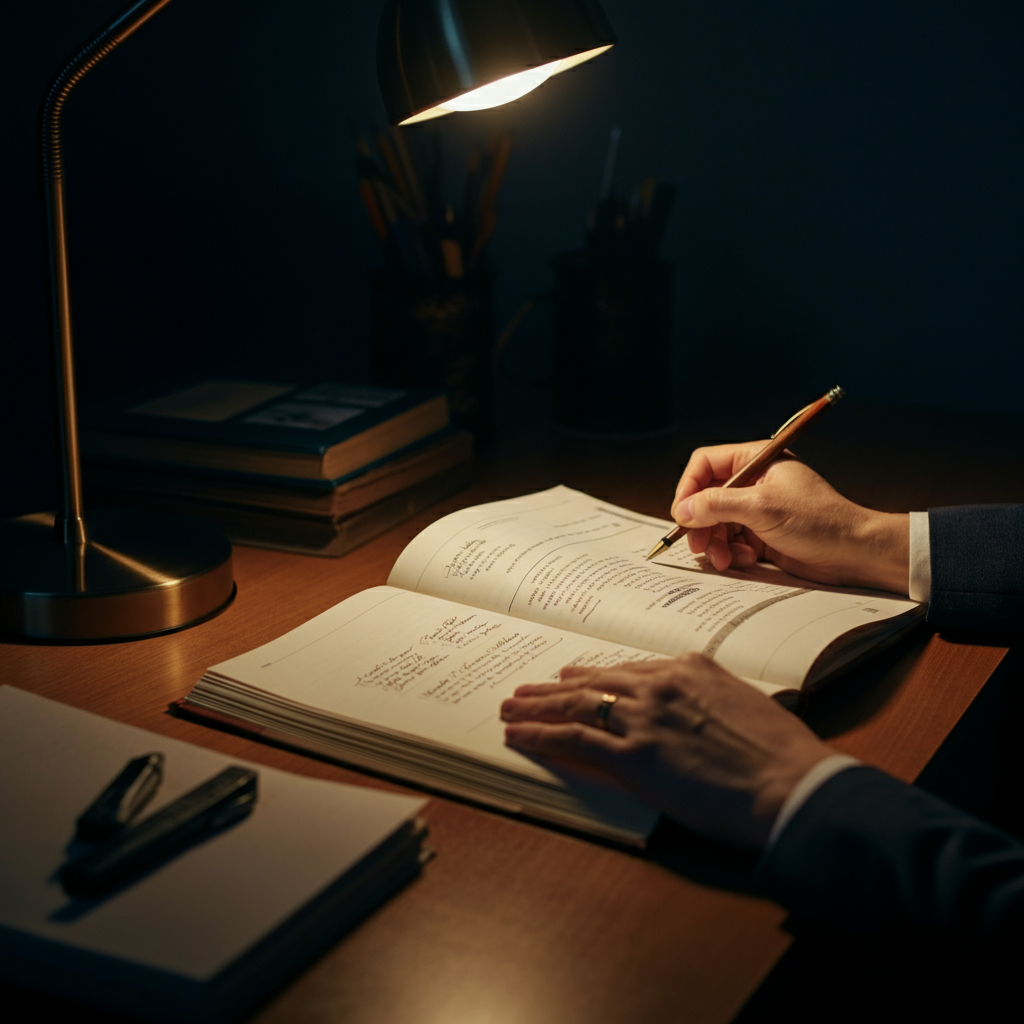A screenplay spread open on a desk, with highlighted sections and handwritten notes in the margins. The scene is illuminated by a warm desk lamp.