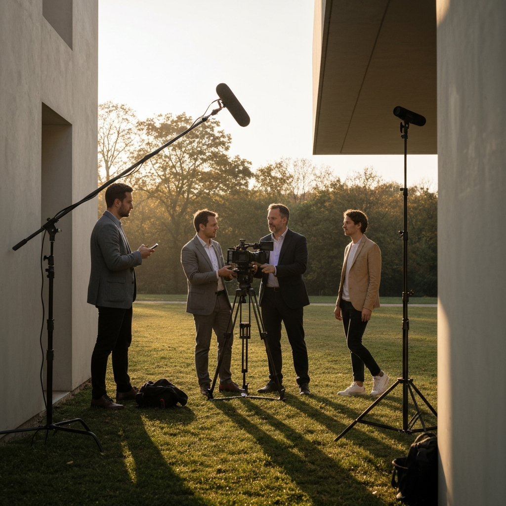 A small film crew shooting a scene outdoors, with a handheld camera, boom mic, and portable lighting equipment. The scene is set in a park during golden hour.