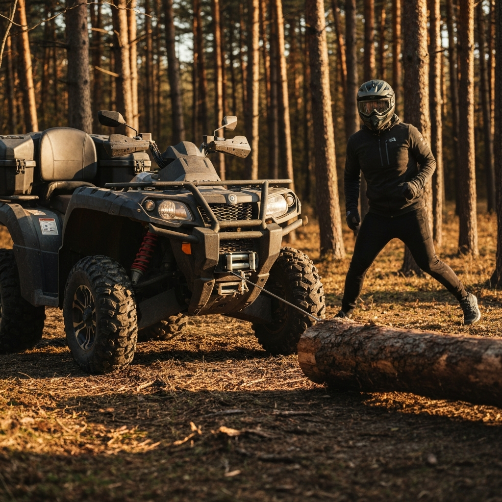 An ATV parked in a wooded area, with a winch attached to the front bumper. The winch cable is extended, pulling a large log. Golden hour lighting creates long shadows and highlights the texture of the trees and the ATV tires.