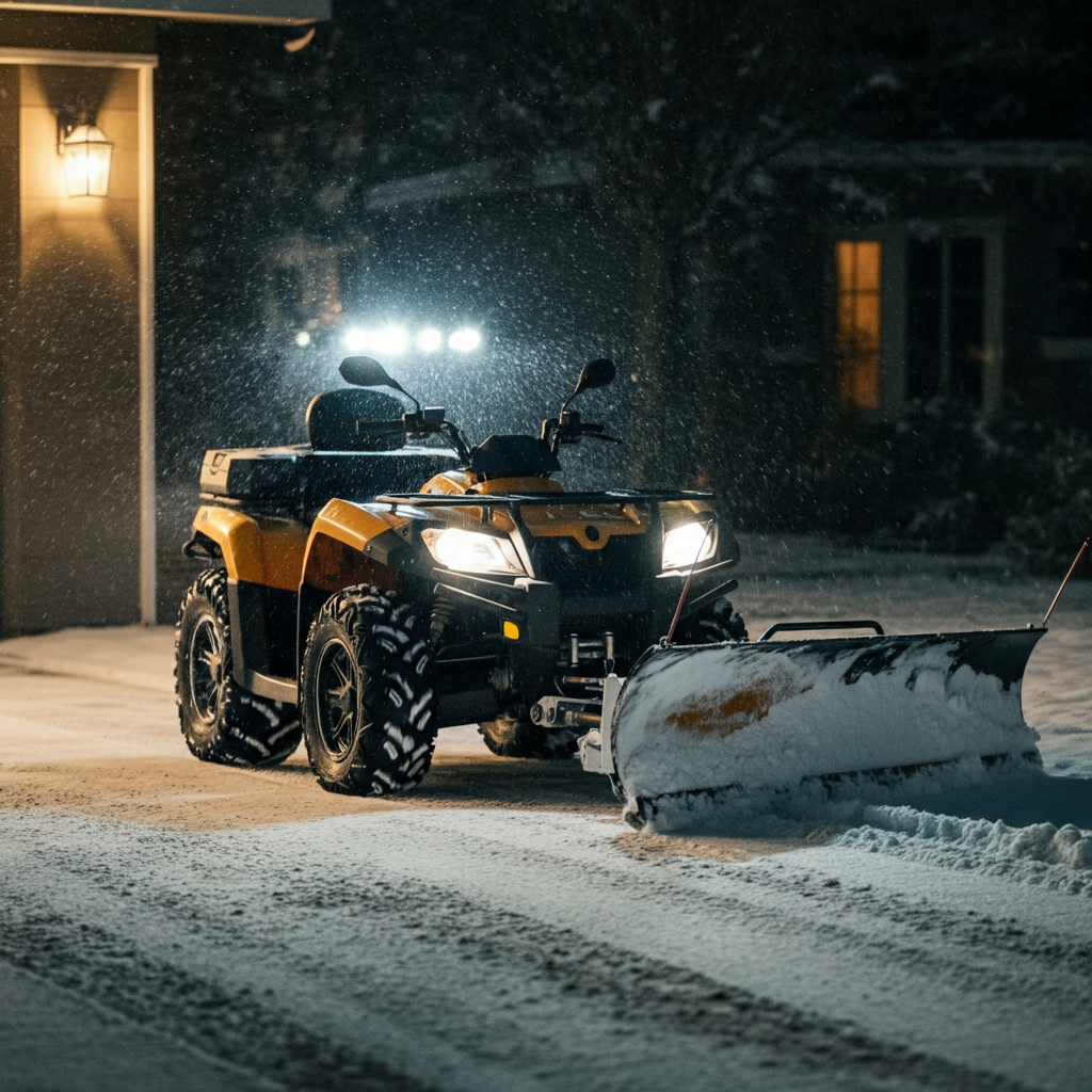 An ATV with a snowplow attached, pushing snow across a driveway. The scene is set during a light snowfall, with soft, ambient lighting. The focus is on the snowplow efficiently clearing the path.