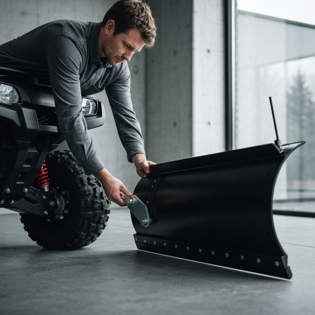 Mechanic adjusting the angle of an ATV snowplow blade. The scene is well-lit, showing the intricate details of the plow's mechanism. The focus is on the precision and attention to detail.