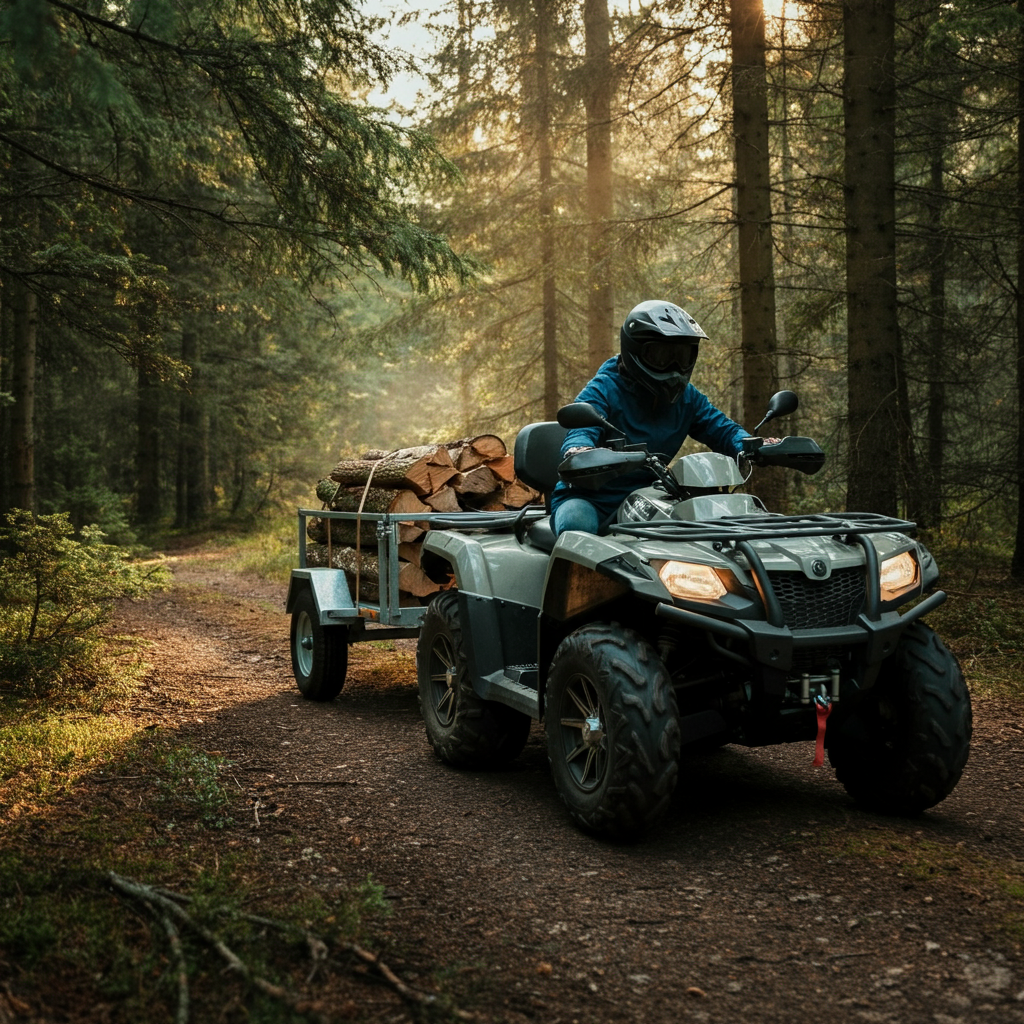 An ATV pulling a small utility trailer loaded with firewood through a forest trail. The scene is lit by dappled sunlight filtering through the trees, creating a sense of depth and adventure.