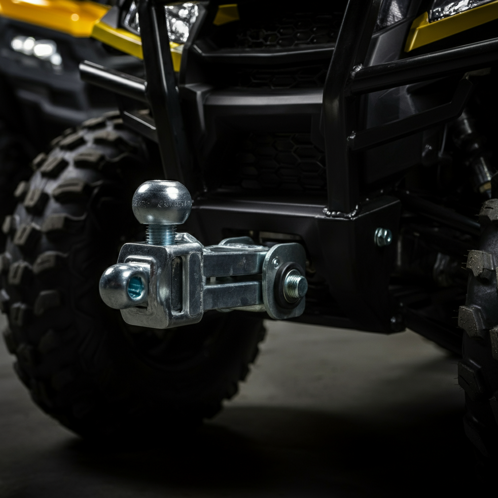 Close-up shot of an ATV trailer hitch, showing the secure connection to the ATV. The focus is on the strength and stability of the connection. The lighting is even and consistent, highlighting the details of the hardware.