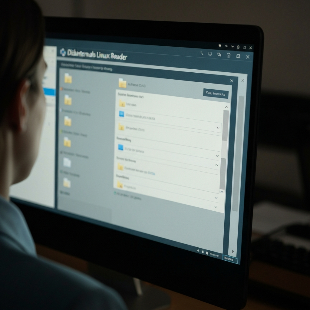 Close-up shot of a computer screen displaying the DiskInternals Linux Reader interface, highlighting the file browsing panel. Soft, diffused lighting.