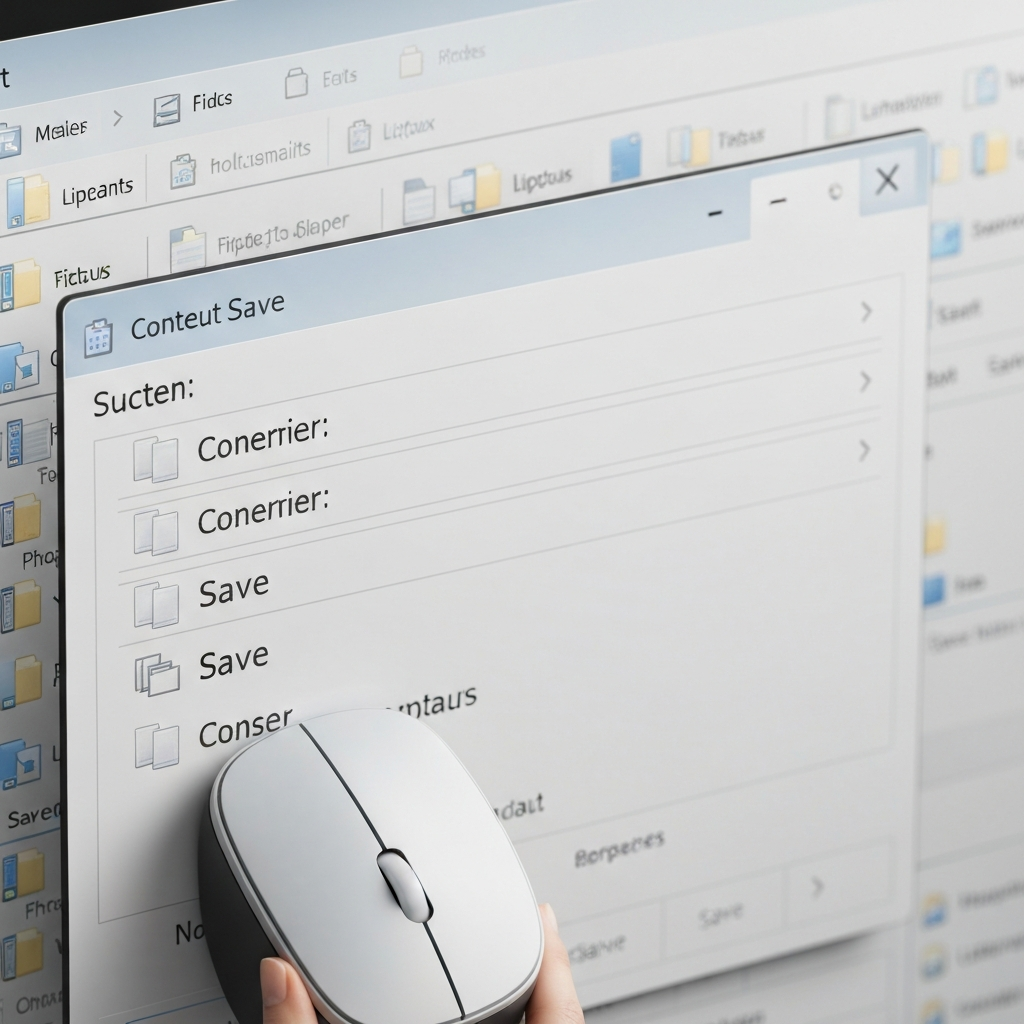 A computer mouse hovering over the "Save" option in a context menu. The menu is open over a window displaying a Linux file structure. The lighting is bright and even.