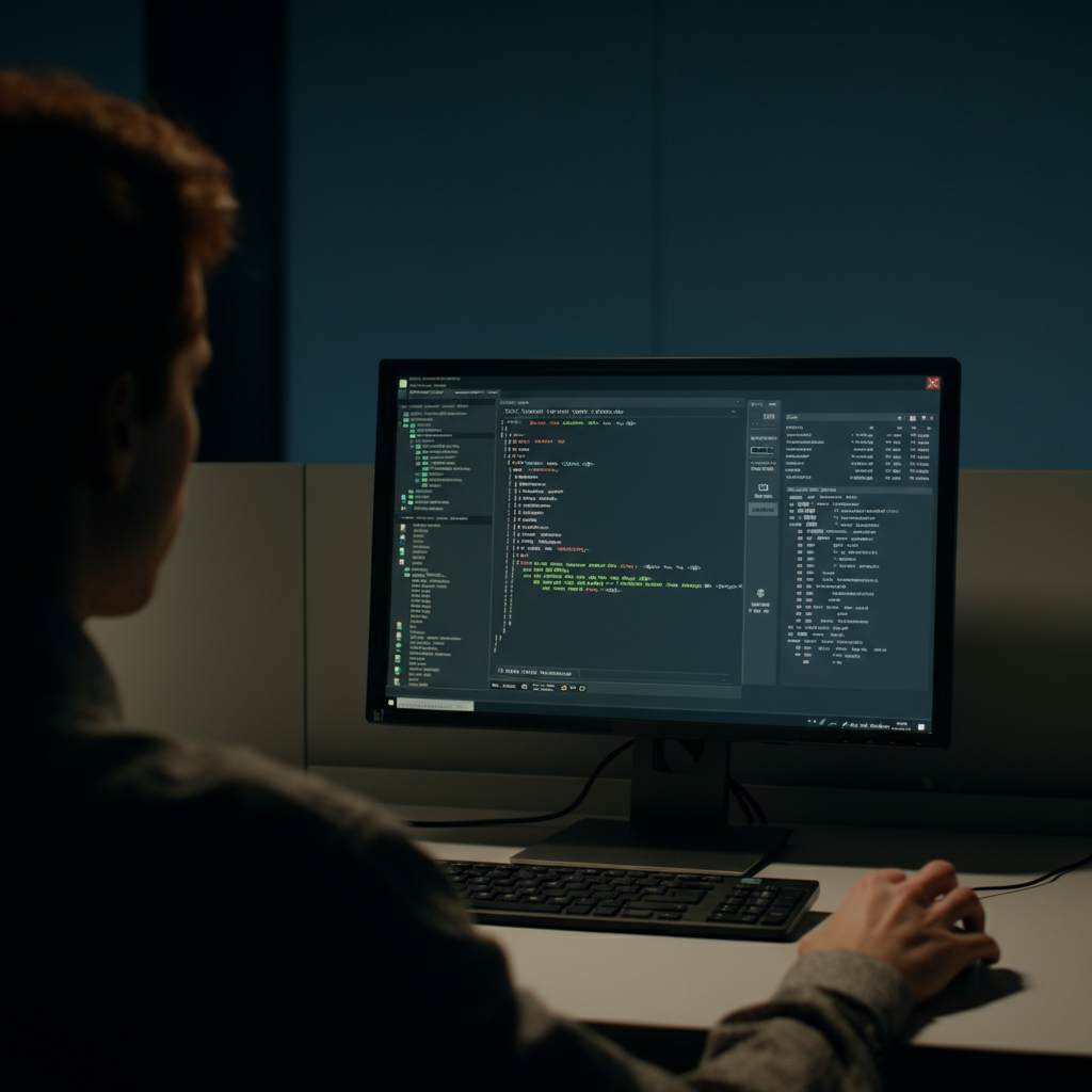 A person typing a command into a PowerShell window on a computer. The workspace is minimalist and functional.