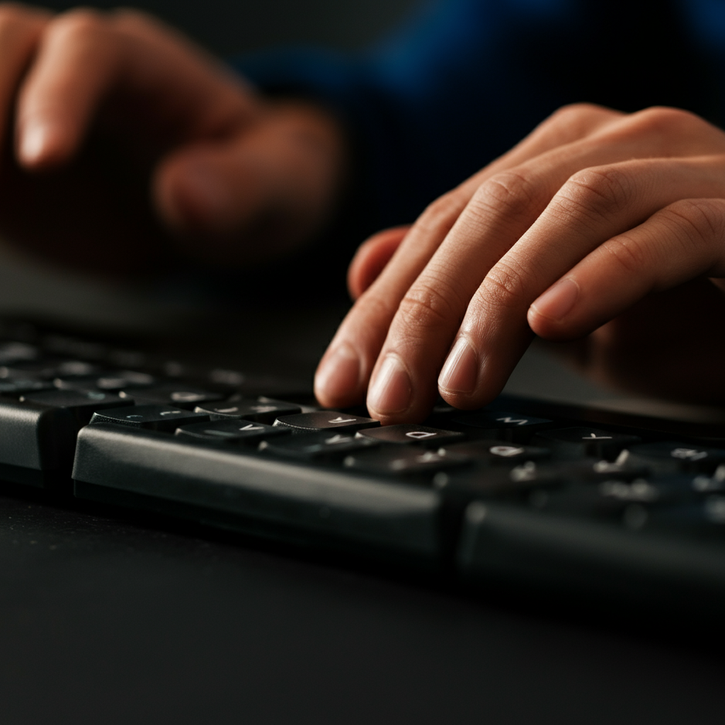 A close-up shot of a computer keyboard with the user's fingers poised to type. The focus is on the keycaps and their textured surface.