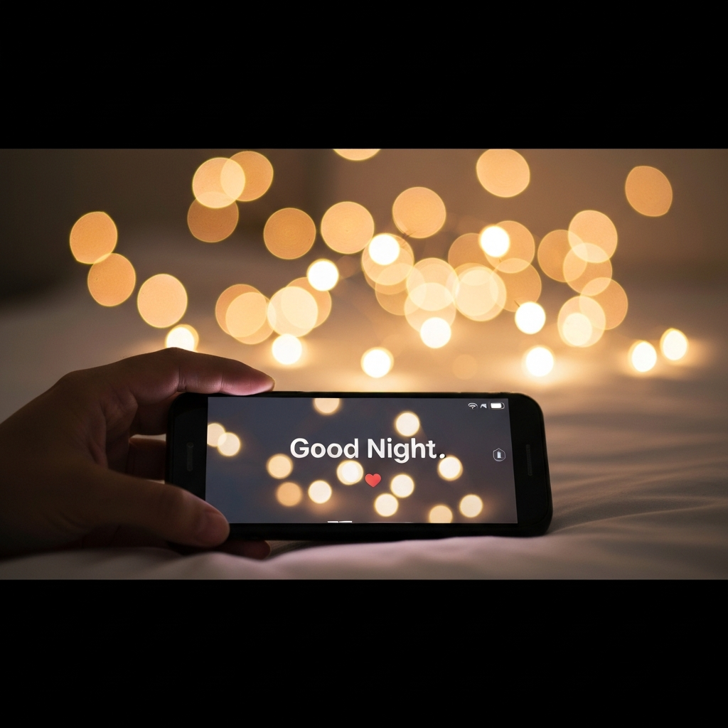 Close up shot of a phone screen displaying a heartfelt good night message with a soft bokeh background of fairy lights.