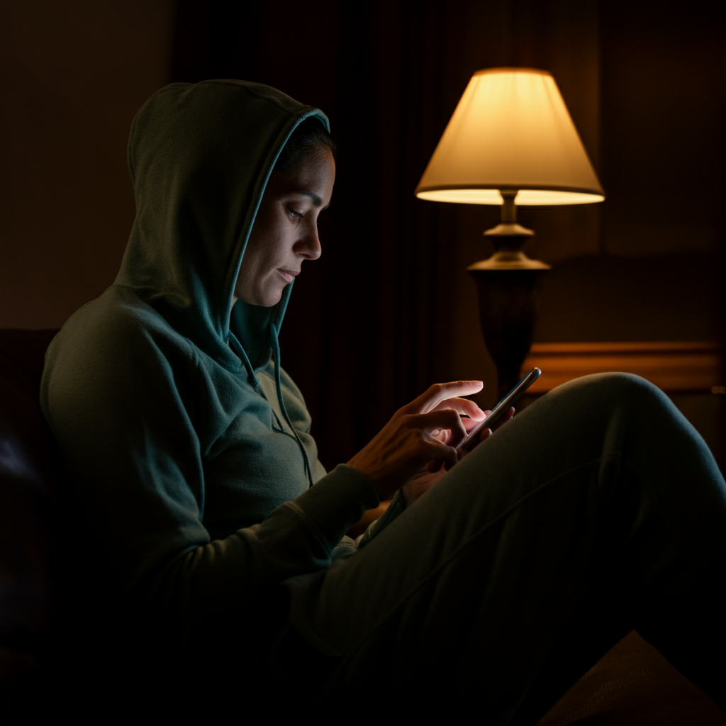 A close-up of hands typing on a phone in a dimly lit room with a single lamp providing warm, indirect lighting.